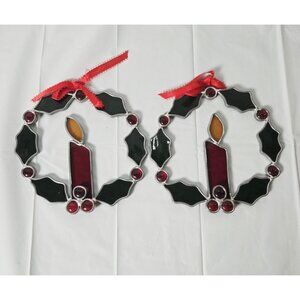 2 Stained Glass Christmas Holly Berry Candle Wreaths Hanging Vtg Suncatcher USA